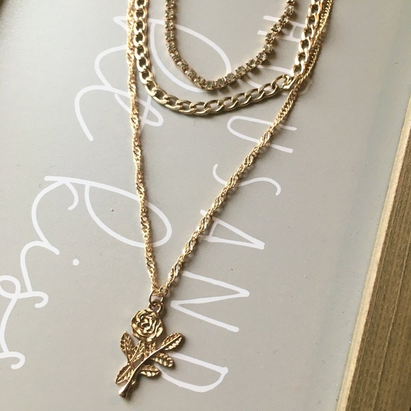 Layered Rose Pendant Rhinestone Gold Necklace - Picture 5 of 8